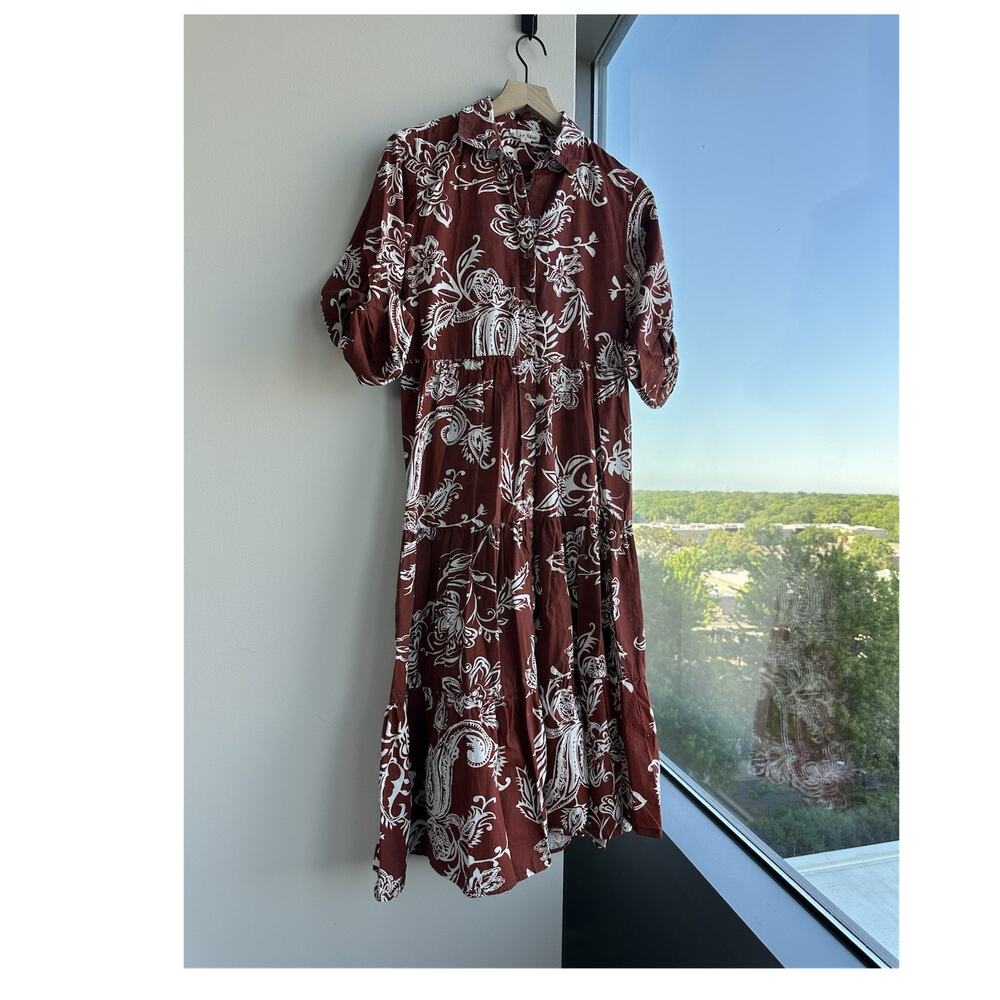 Violet Skies Shirt Dress Brown White Floral Cotton Midi Button Collared M